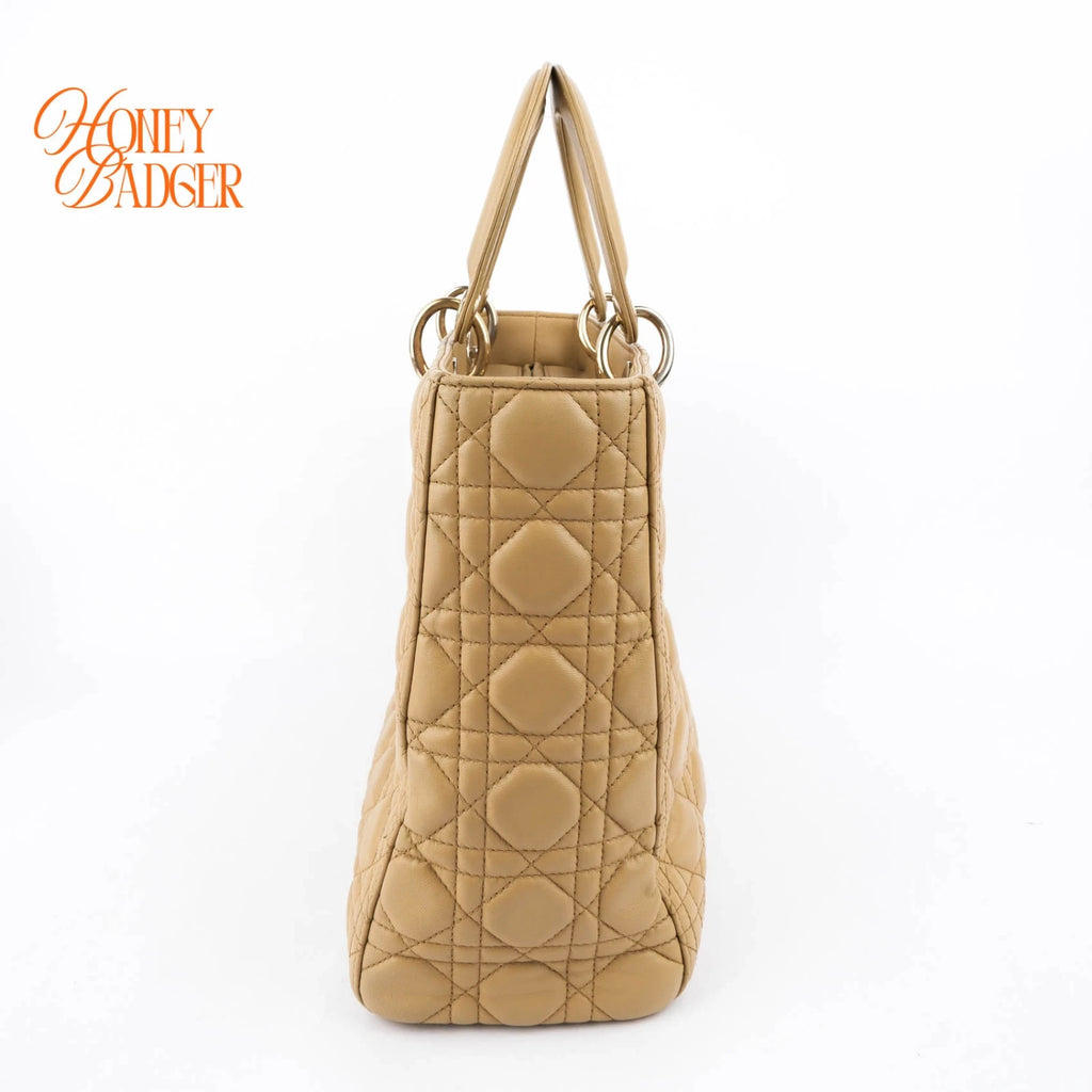 Dior Large Lady Dior Cannage Lambskin Beige Gold Hardware Rank AB