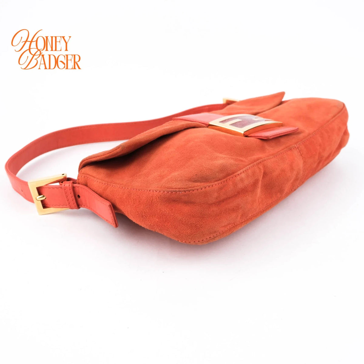 Fendi Baguette Suede Orange Glitter FF Buckle Gold Hardware Rank AB