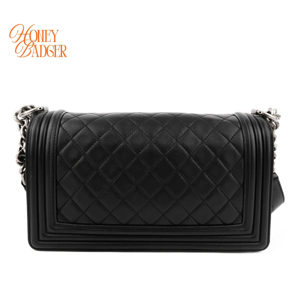 Chanel Boy Medium Calfskin Leather Black Antique Silver Hardware Rank A
