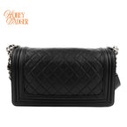 Chanel Boy Medium Calfskin Leather Black Antique Silver Hardware Rank A