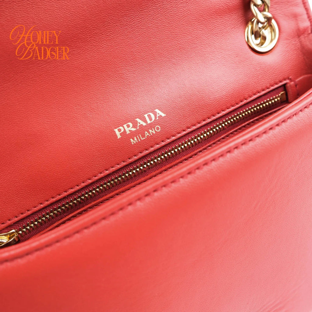 Prada Gauffre Ruched Leather Chain Flap Shoulder Bag Red Gold Hardware