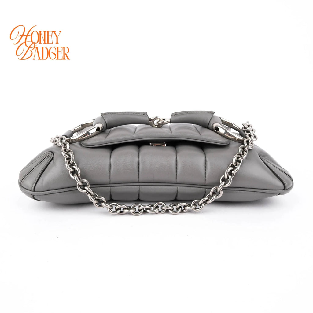Gucci Horsebit Chain Small Shoulder Bag Quilted Calfskin Grey Palladium Hardware Rank A