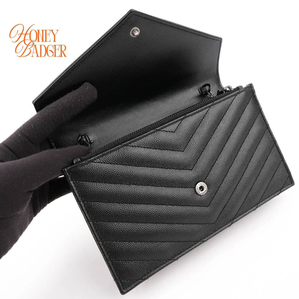 Saint Laurent Cassandre Envelope Chain Wallet Grain de Poudre Leather Black Matte Black Hardware Rank A