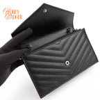 Saint Laurent Cassandre Envelope Chain Wallet Grain de Poudre Leather Black Matte Black Hardware Rank A