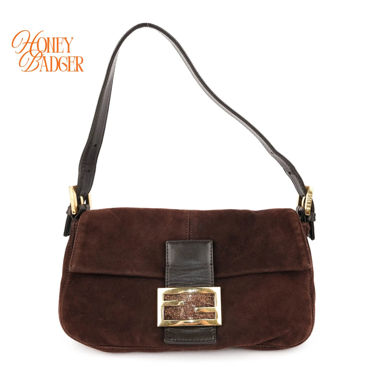 Fendi Baguette Suede Brown Glitter FF Buckle Gold Hardware Rank A
