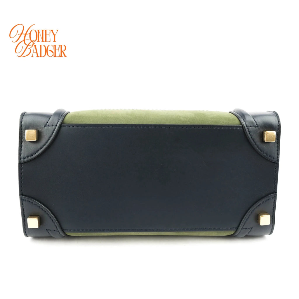 Celine Micro Luggage Tri-Color Suede & Calfskin Navy Green Grey Rank A