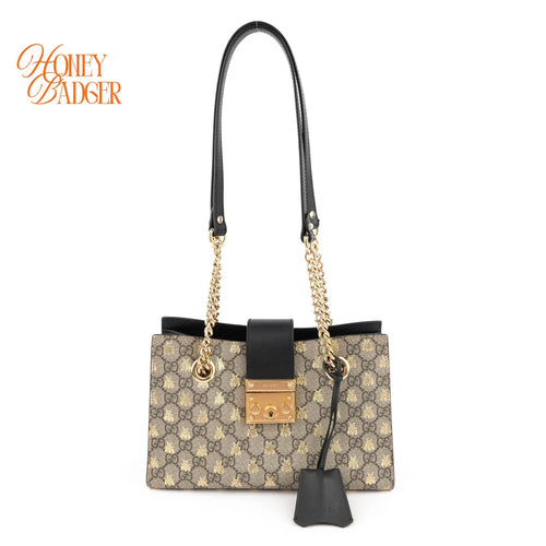 Gucci Padlock Small Tote GG Supreme Bee Print Beige Black Rank A
