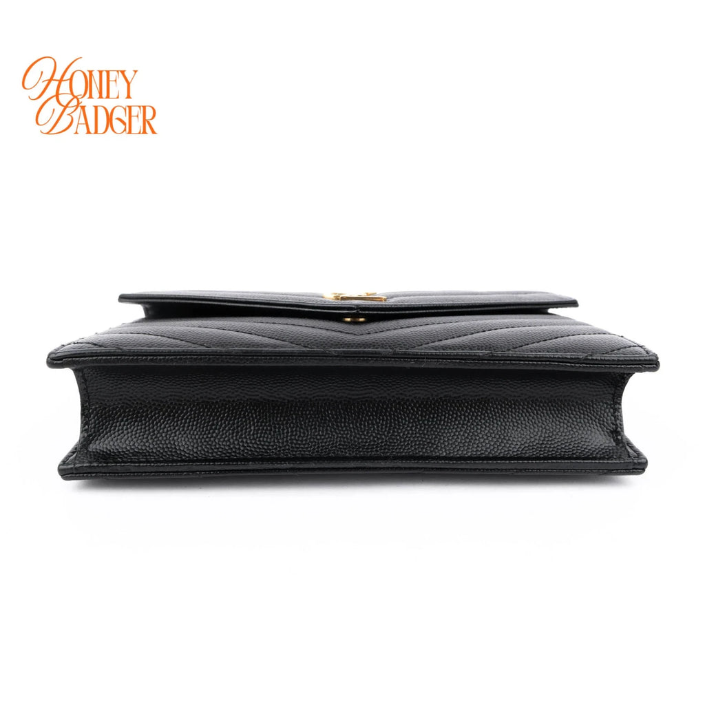 Saint Laurent Cassandre Envelope Chain Wallet Grain de Poudre Leather Black Gold Hardware Rank A