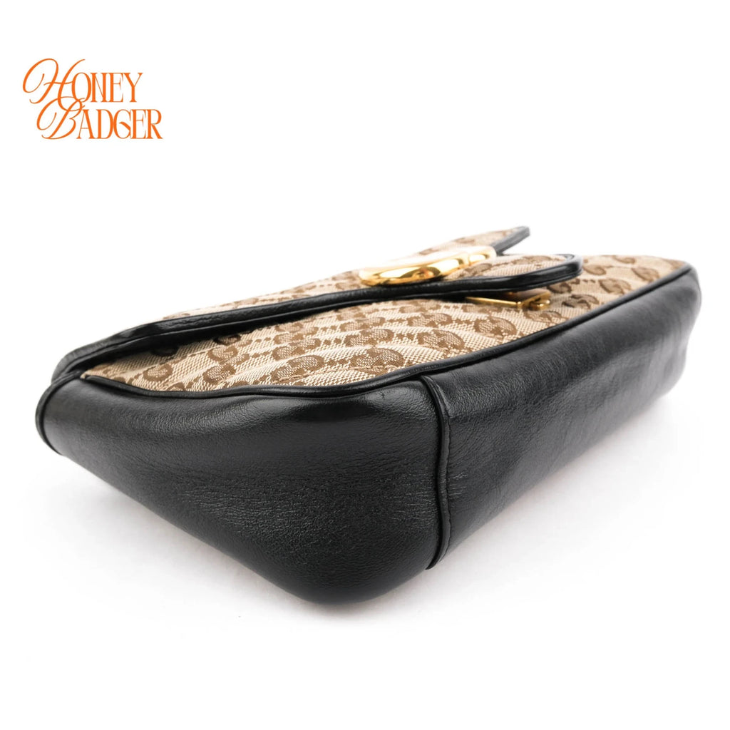 Gucci GG Marmont Small Shoulder Bag Original GG Canvas Beige/Ebony Black Leather Gold Hardware Rank A