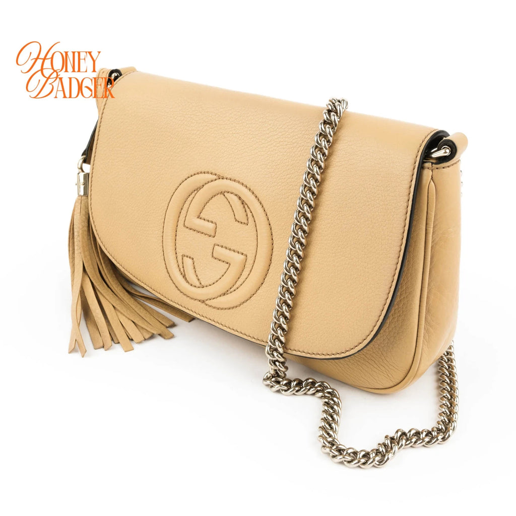 Gucci Soho Chain Shoulder Bag Beige Leather with Tassel
