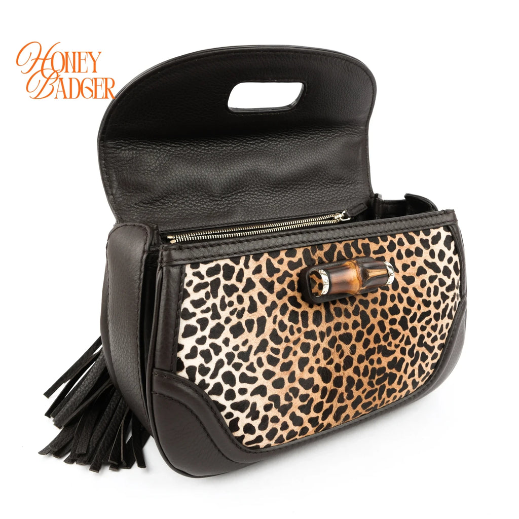 Gucci Bamboo Leopard Calf Hair 2WAY Handbag Rank A