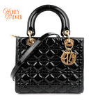 Dior Lady Dior Medium Cannage Patent Calfskin Black Gold Hardware Rank AB