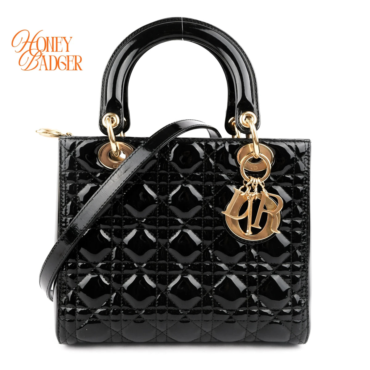 Dior Lady Dior Medium Cannage Patent Calfskin Black Gold Hardware Rank AB