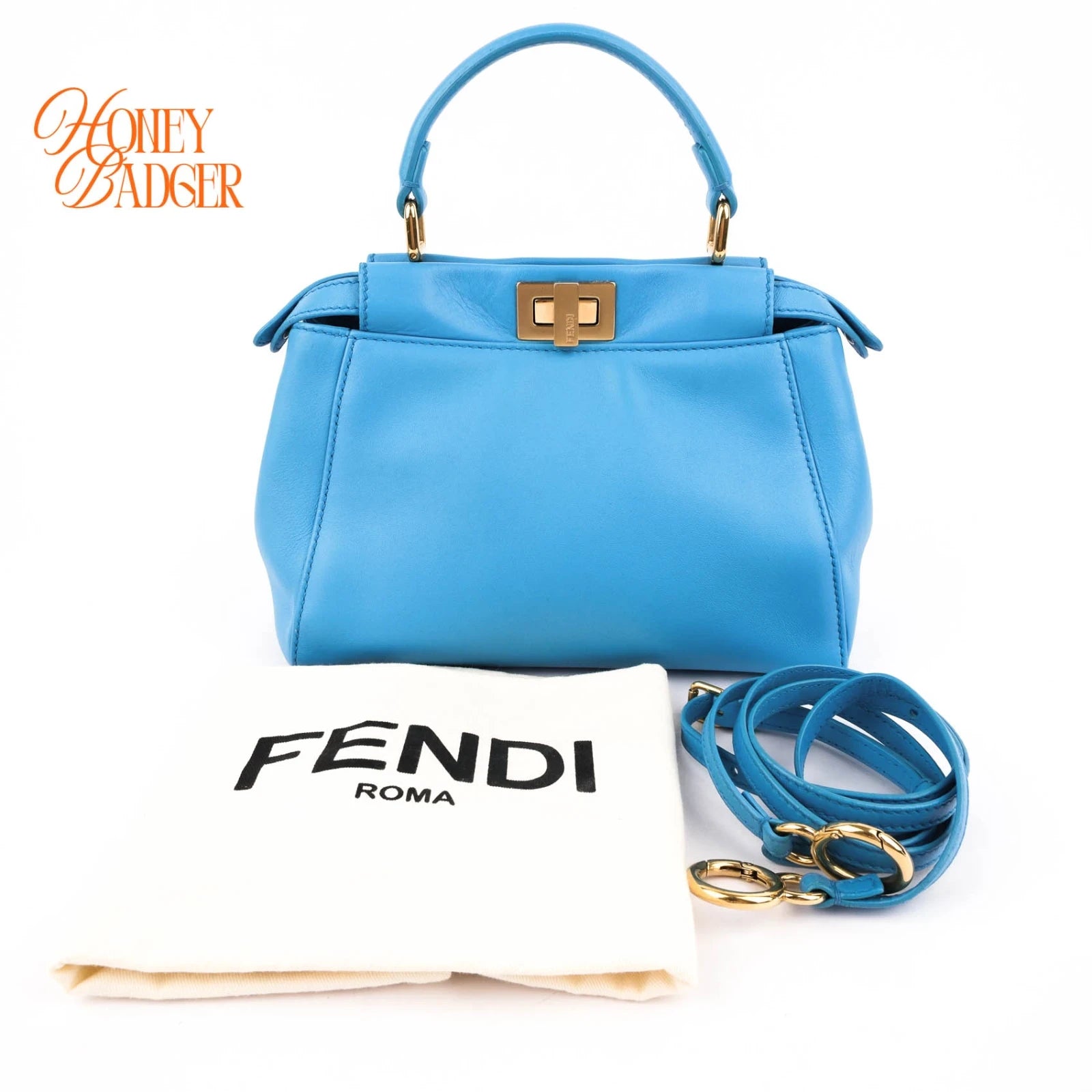 Fendi Peekaboo Mini Calfskin Leather Blue Gold Hardware Rank AB