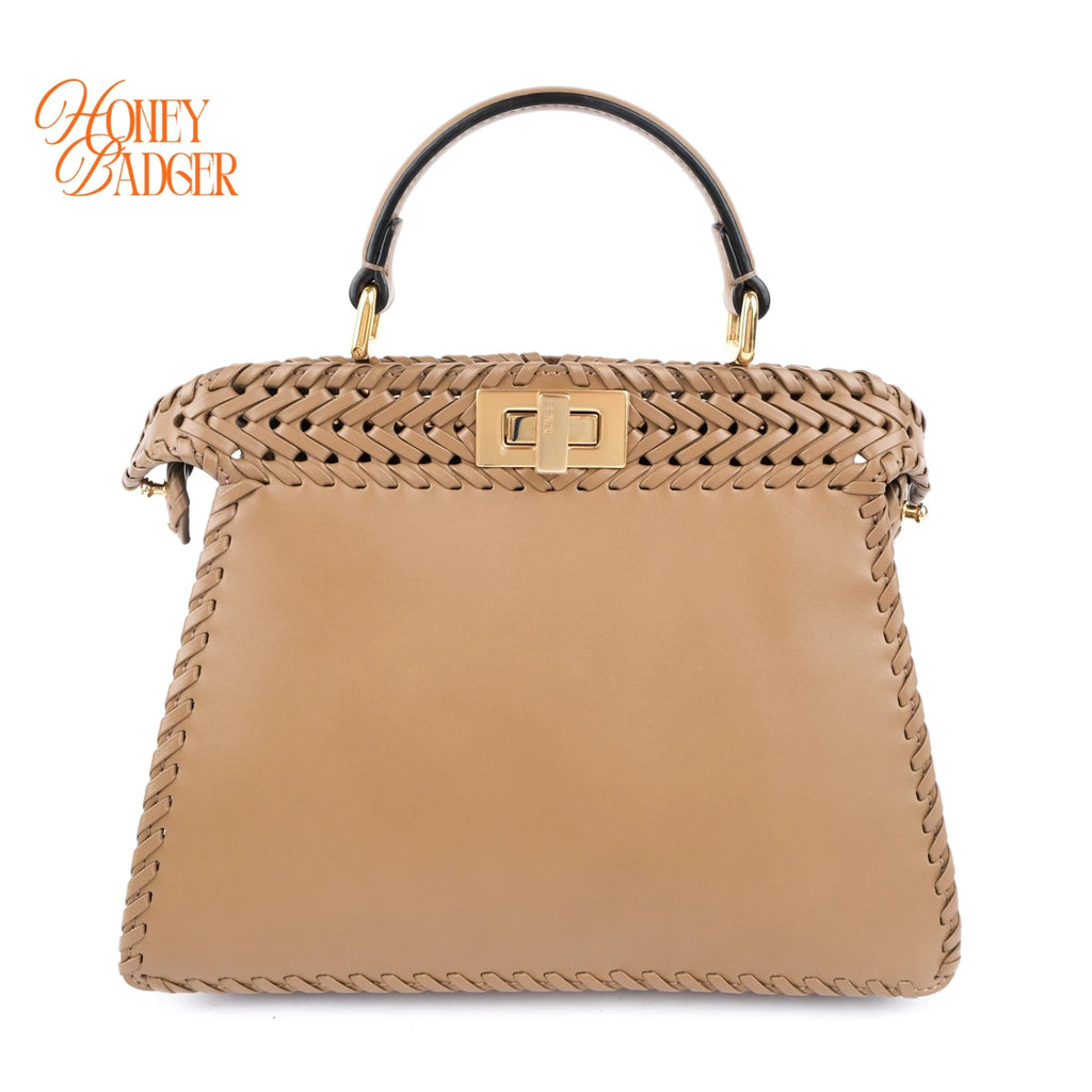 Fendi Peekaboo ISeeU Small Beige Leather Woven Detail 2-Way Bag Rank A