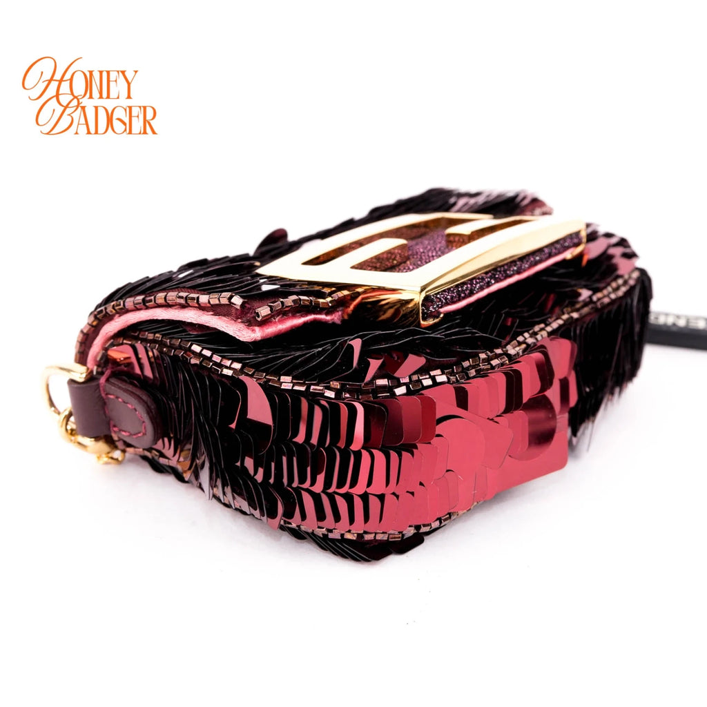Fendi Nano Baguette Charm Embellished Sequins Granata Maxi FF Buckle Gold Hardware Rank S
