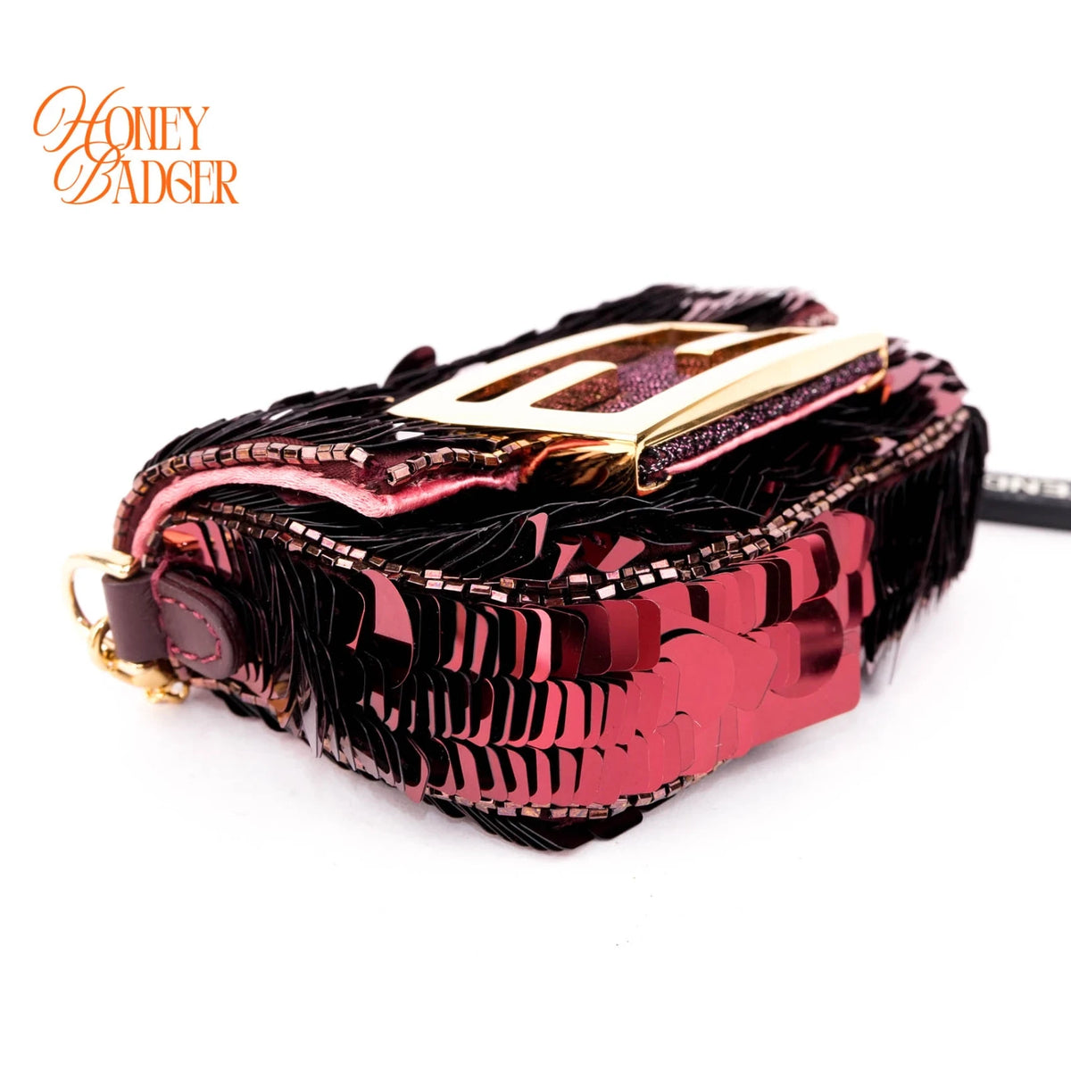 Fendi Nano Baguette Charm Embellished Sequins Granata Maxi FF Buckle Gold Hardware Rank S