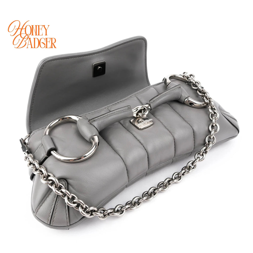 Gucci Horsebit Chain Small Shoulder Bag Quilted Calfskin Grey Palladium Hardware Rank A