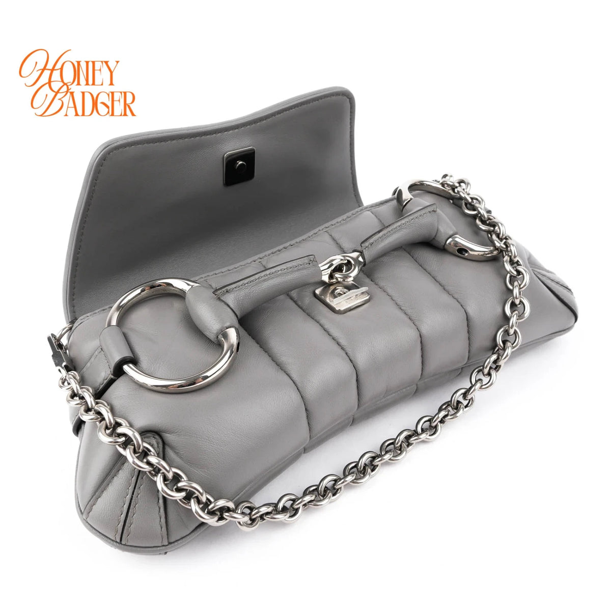 Gucci Horsebit Chain Small Shoulder Bag Quilted Calfskin Grey Palladium Hardware Rank A