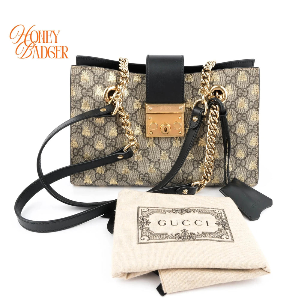 Gucci Padlock Small Tote GG Supreme Bee Print Beige Black Rank A
