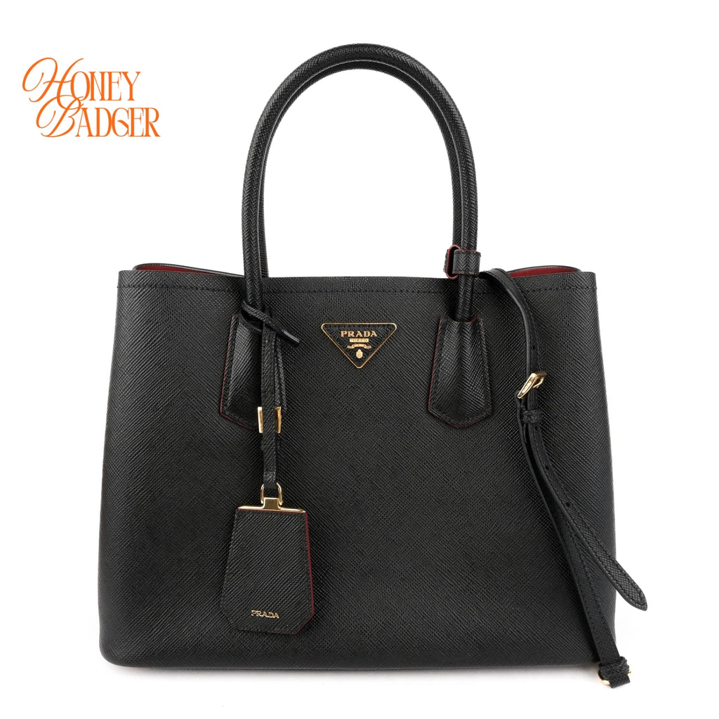Prada Double Bag Large Saffiano Leather Black/Red Rank AB