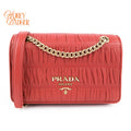 Prada Gauffre Ruched Leather Chain Flap Shoulder Bag Red Gold Hardware