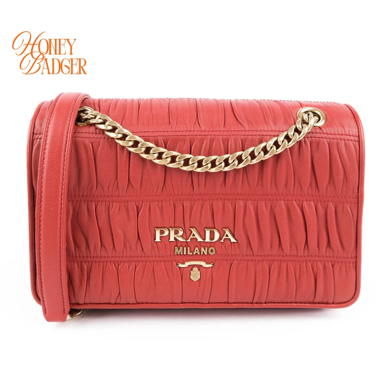 Prada Gauffre Ruched Leather Chain Flap Shoulder Bag Red Gold Hardware