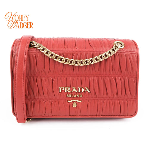 Prada Gauffre Ruched Leather Chain Flap Shoulder Bag Red Gold Hardware