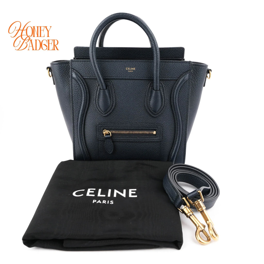 Celine Nano Luggage Bag Drummed Calfskin Navy Gold Hardware Rank A