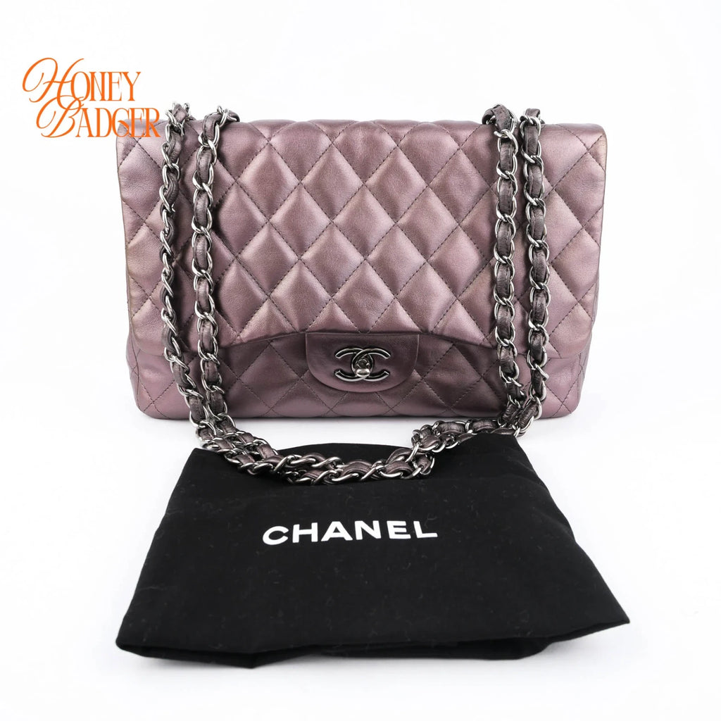 Chanel Classic Flap Jumbo Lambskin Metallic Grey Purple Rank AB