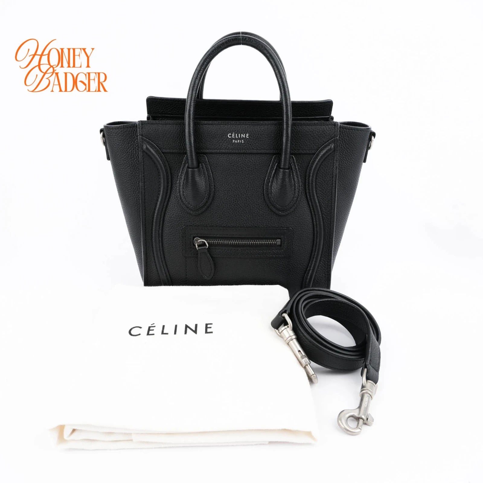 Celine Luggage Nano Drummed Calfskin Leather Black Silver Hardware Rank A