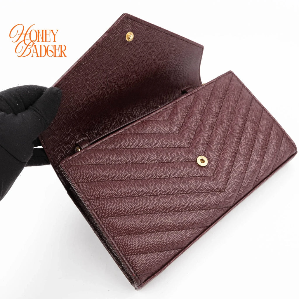 Saint Laurent Envelope Large Chain Wallet Caviar Leather Bordeaux Gold Hardware Rank A