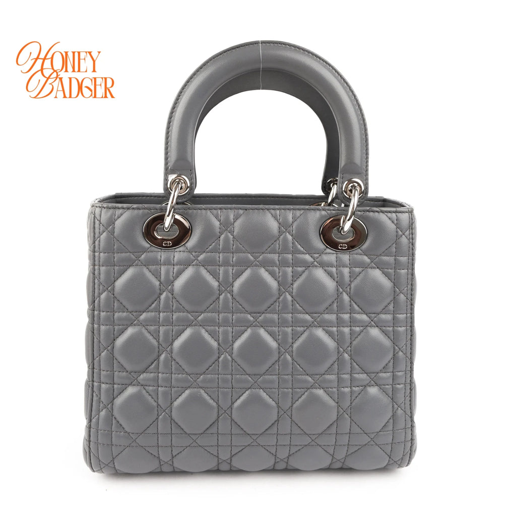 Dior Lady Dior Medium Grey Cannage Leather 2-Way Bag Rank AB