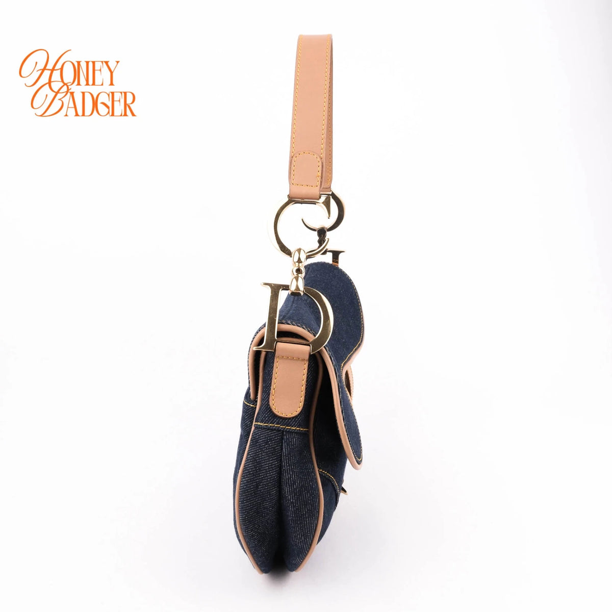 Dior Saddle Denim Dark Blue Camel Leather Gold Hardware Rank A