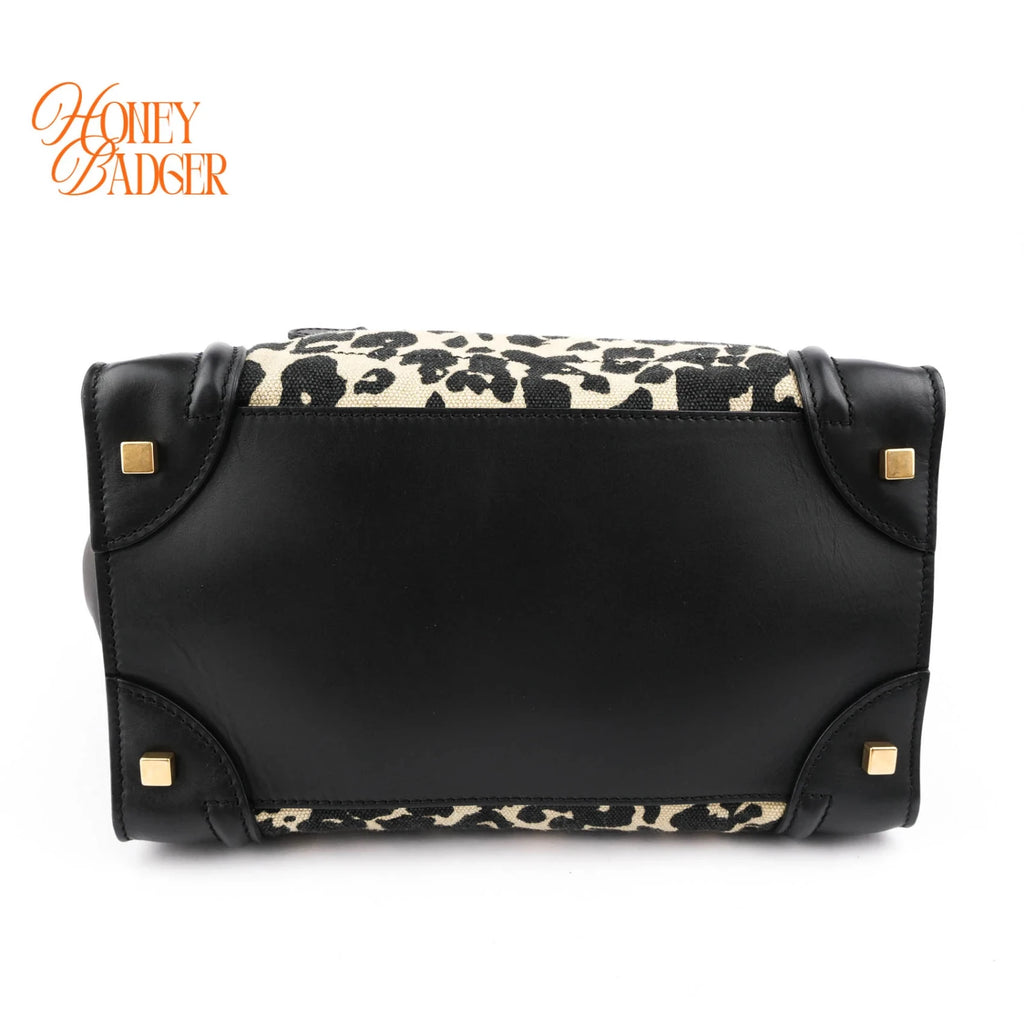 Celine Luggage Mini Shopper Leopard Print Canvas Black Calfskin Gold Hardware Rank AB