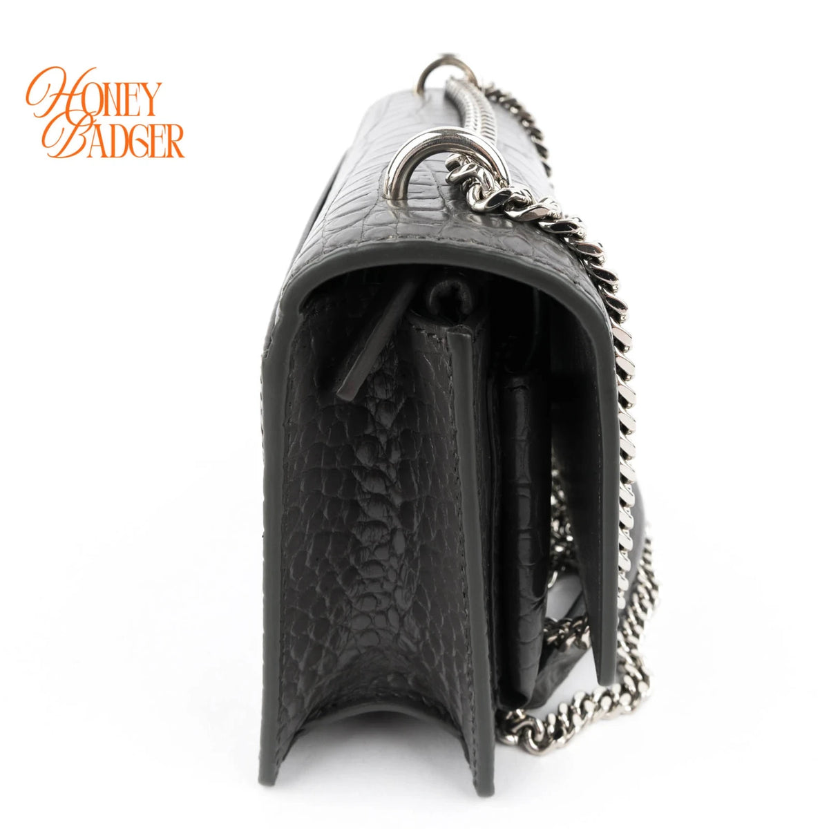 Saint Laurent Sunset Mini Chain Wallet Crocodile-Embossed Calfskin Grey Silver Hardware Rank A