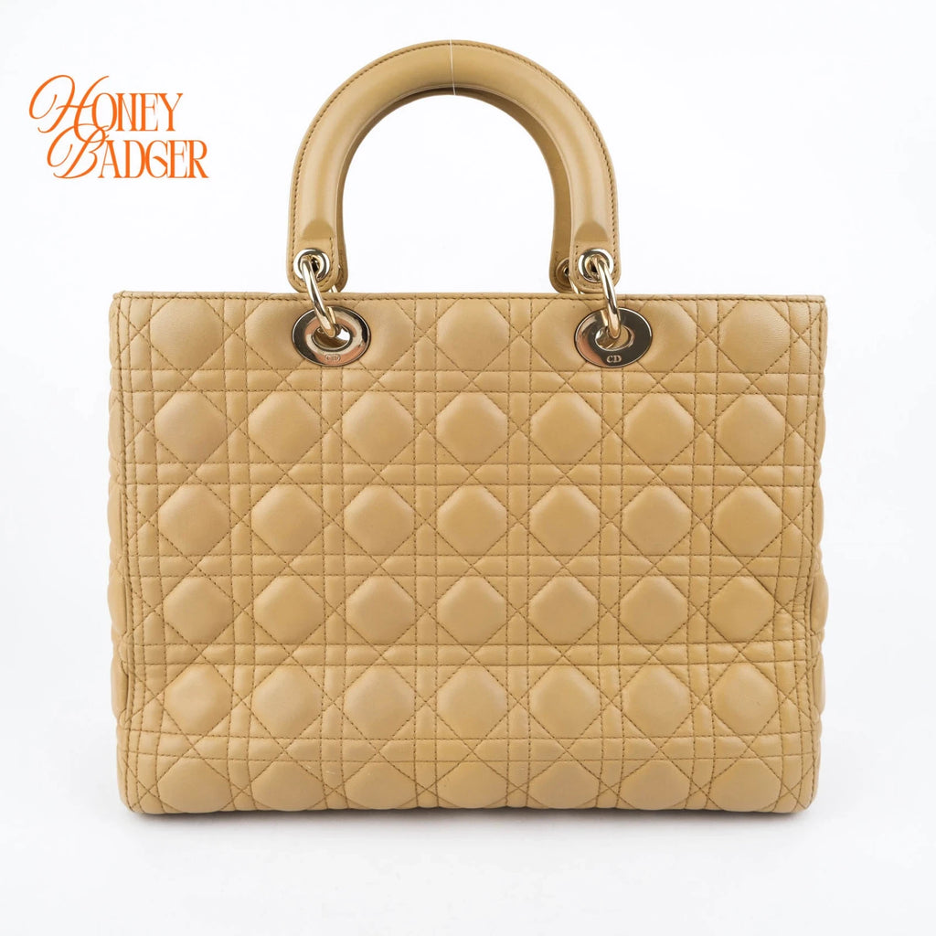 Dior Large Lady Dior Cannage Lambskin Beige Gold Hardware Rank AB