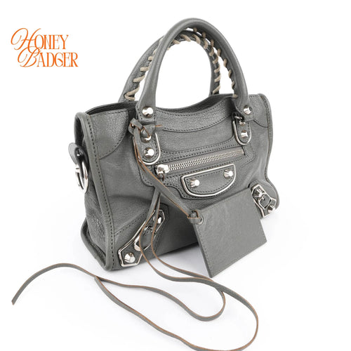 Balenciaga Classic Mini City Grey Leather 2WAY Shoulder Bag Mirror Included 390160