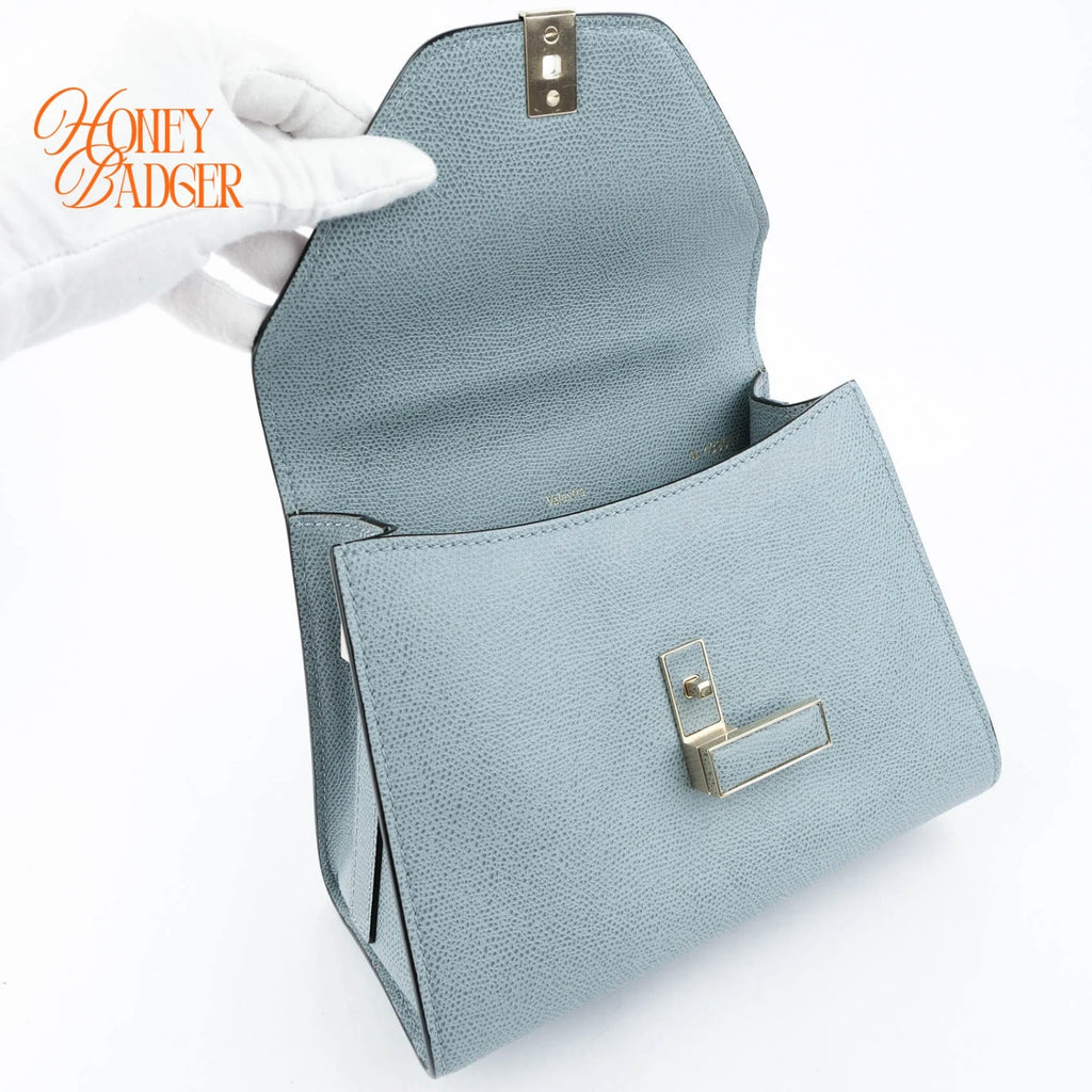 Valextra Iside Mini Grained Calfskin Blue Grey Light Gold Hardware Rank A