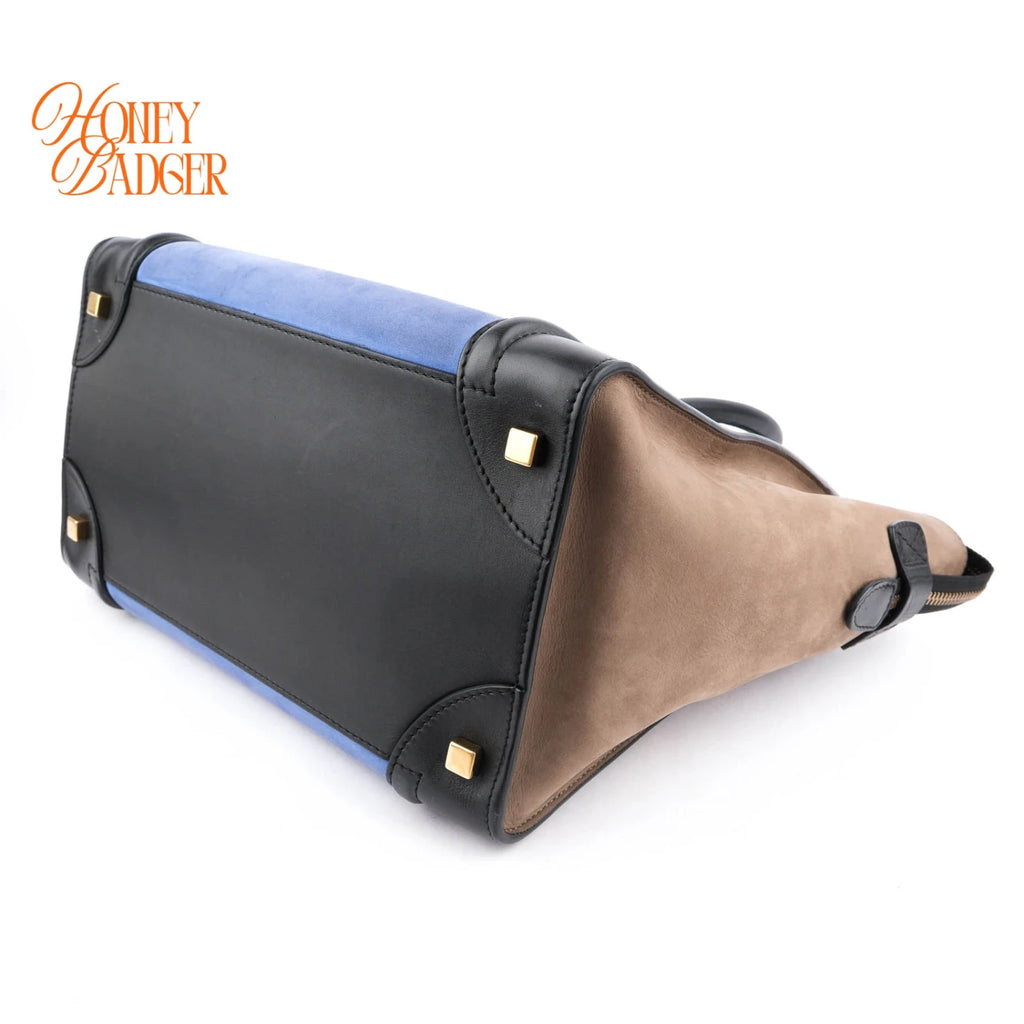 Celine Mini Luggage Tri-Color Nubuck & Calfskin Royal Blue Grey Black Gold Hardware Rank AB