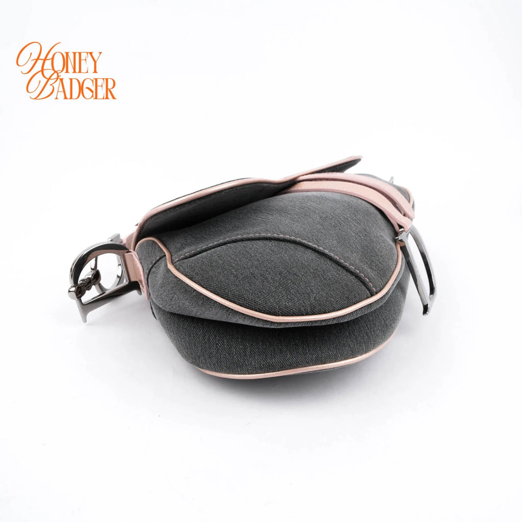 Dior Saddle Large Denim and Patent Leather Grey Pink Rank A