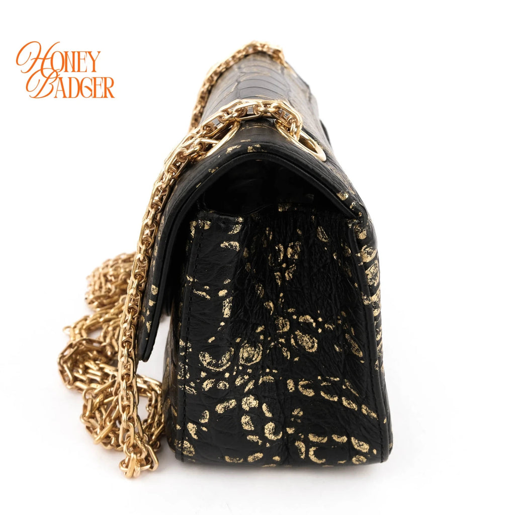 Chanel 2.55 Reissue Crocodile-Embossed Leather Graffiti Black Gold Rank A