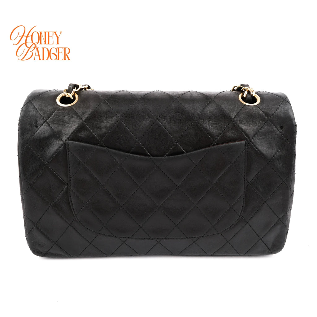 Chanel Classic Double Flap Medium 25 Quilted Lambskin Black Gold Hardware Rank AB