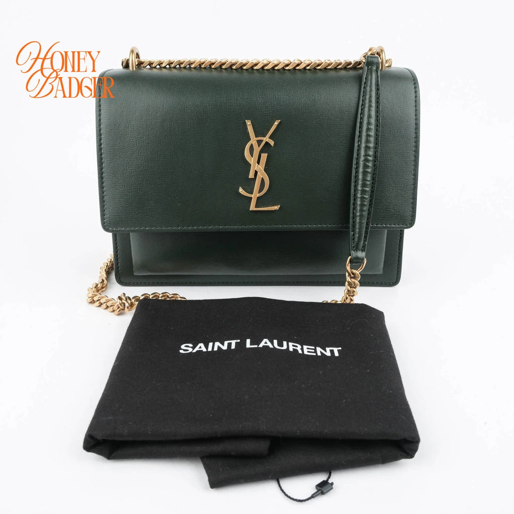 Saint Laurent Sunset Medium Calfskin Leather Dark Green Gold Hardware Rank A