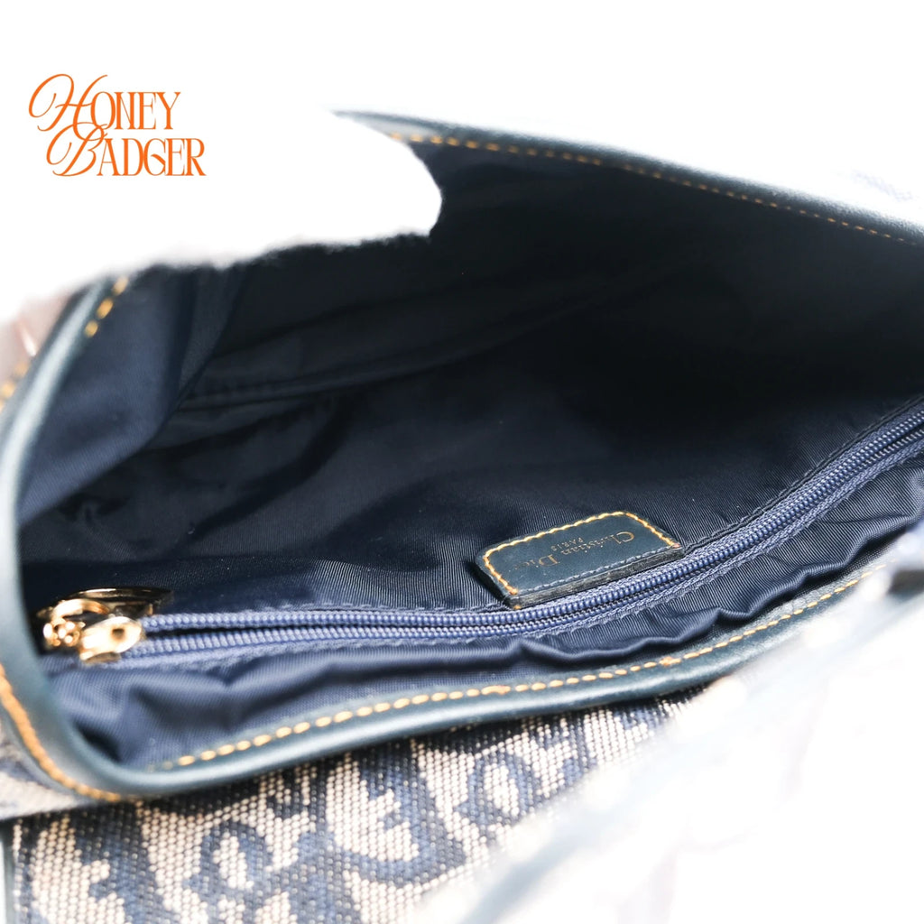 Dior Vintage Double Saddle Bag Oblique Canvas Navy Gold Hardware Rank A