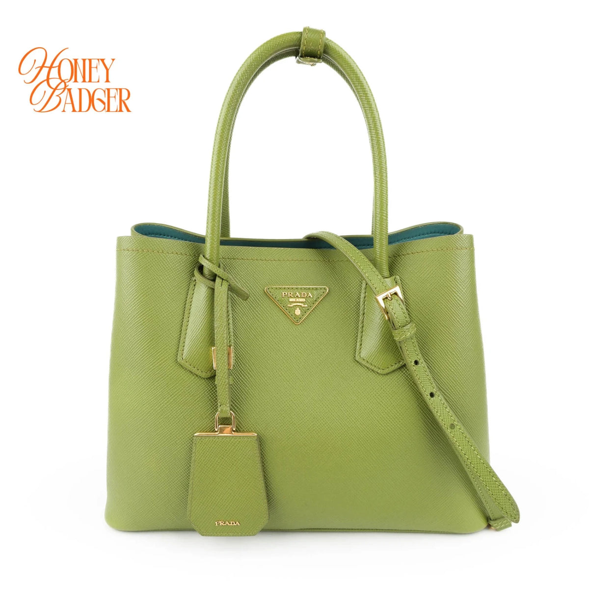 Prada Double Medium Saffiano Leather Green Gold Hardware Rank A
