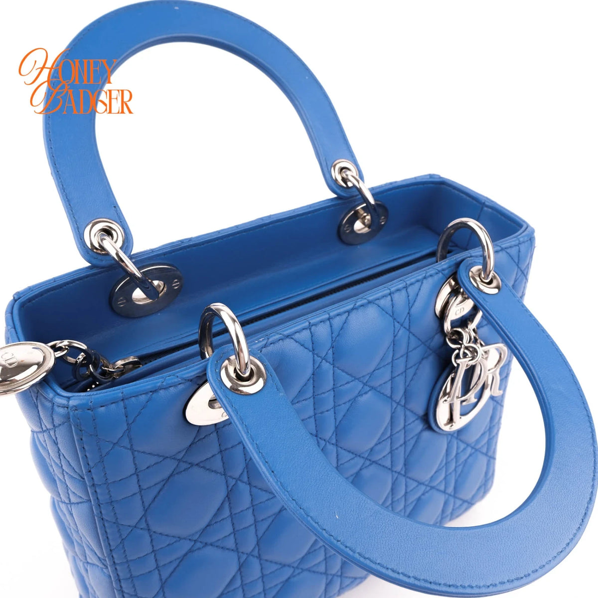 Dior Lady Dior Medium Lambskin Blue Silver Hardware Rank A