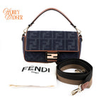 Fendi Baguette Medium FF Zucca Jacquard Canvas Navy Camel Gold Hardware Rank A