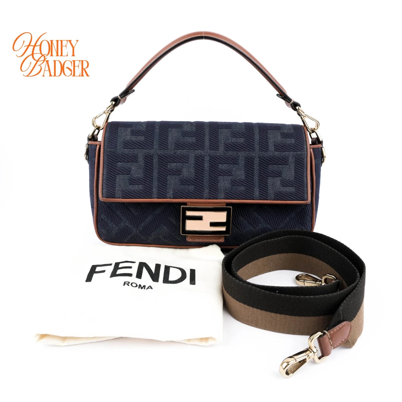 Fendi Baguette Medium FF Zucca Jacquard Canvas Navy Camel Gold Hardware Rank A