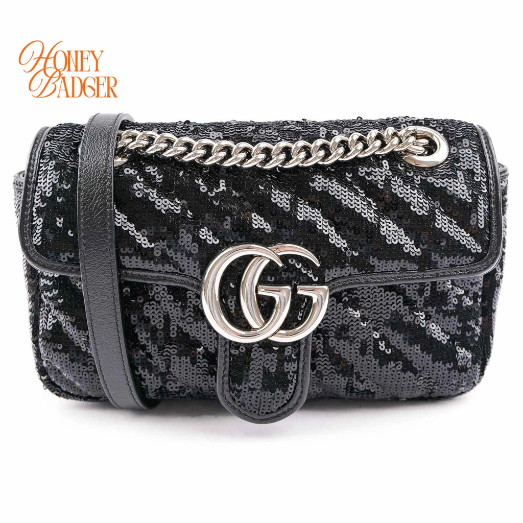 Gucci GG Marmont Medium Sequin Chain Shoulder Bag Black Rank S